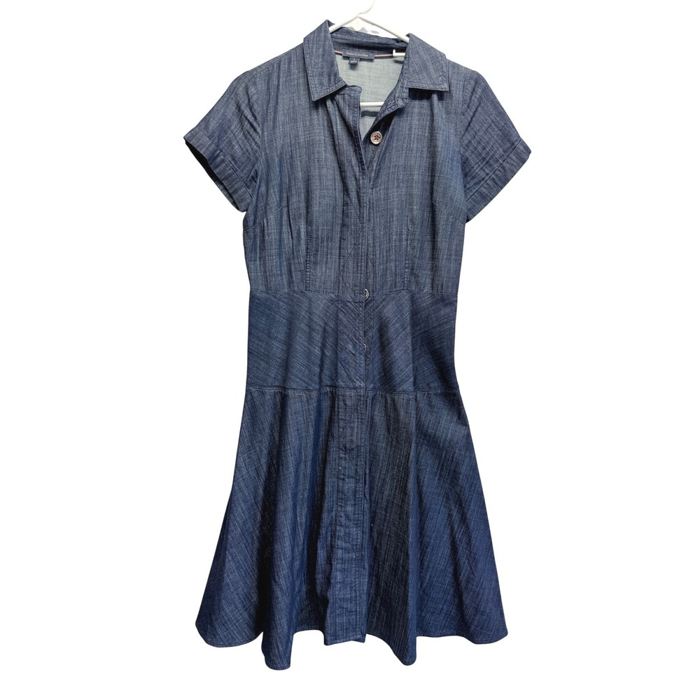Tommy Hilfiger Denim Shirt Dress Dark Wash Short Sleeve Fit Flare Blue Size 2